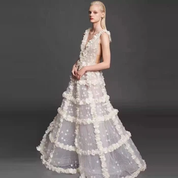 3D Gėlių Baltą vakarinę Suknelę Ilgas Šalis, Chalatai Saudo Arabija Prom Dresses Iliuzija Dubajaus Moterų Sławna Dress Artimųjų Rytų 2020 m.