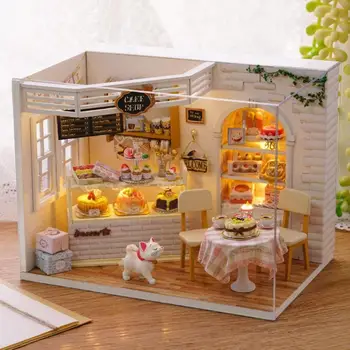3D Medinio Cake Shop Mini Lėlių Namas Baldai Miniatiūrinės Kraštovaizdžio Vaikams Gimtadienio Dovana LED Žibintai Name Žaislas Rankinis Surinkimas Režimas