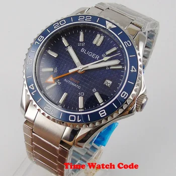 41mm BLIGER Prekės Vyrų Laikrodis Su Automatiniu GMT Judėjimas, Keramikos bezel Data Langą Safyro Stiklas blue dial šviesos rankas
