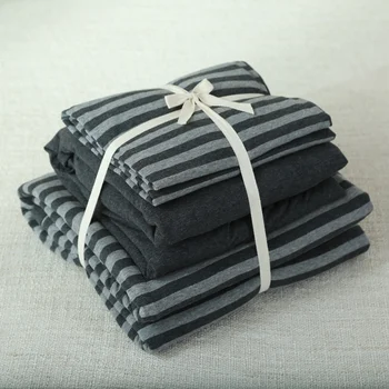 4pcs Medvilnės Jersey megzti vyriški Miegamasis nustatyti, Elegantiška juoda ir pilka dryžuota antklode padengti su vientisos spalvos įrengtas lapas