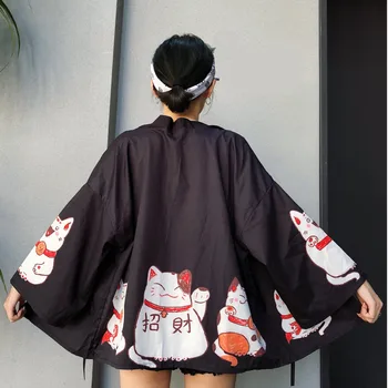 #5002 Vasaros Saulės Megztinis Kimono Palaidinė Moterų Plius Dydis Prarasti Derliaus Pasisekė Katės Kimono Marškinėliai Femme Harajuku Viršutinių Drabužių Siuvimas