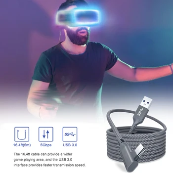 5M Duomenų Eilutė Įkrovimo Kabelis Oculus Quest 2 Saitą VR Ausines USB 3.0 C Tipo Duomenų Perdavimo USB-A Tipo C Kabelio VR Priedai