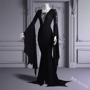 5XL Didelio Dydžio Cos Morticia Addams Grindų Suknelė, Kostiumas Suaugusių Moterų Gotikos Ragana Derliaus Seksualus Tuščiaviduriai Plonas Nėrinių Suknelė Suknelės