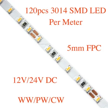 5mm FPC, Slim lanksti SMD LED juostelė šviesos, 120pcs 3528/ 3014/ 2835 SMD led metrui, DC 12V/ 24V, 5m roll/daug