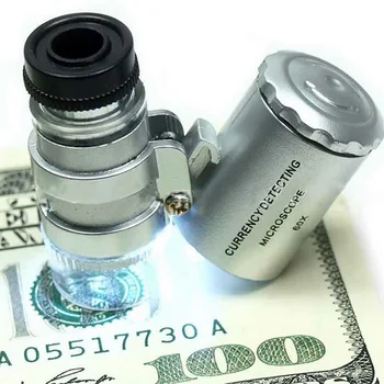 60x Mikroskopu didinamasis stiklas, Daugiafunkcinių Mini Su 2 LED UV Suklastotų Funkcija Papuošalai didinamasis stiklas Įrankis Su Byla