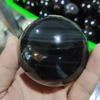 70mm Natūralus Juodas Obsidianas Vaivorykštė Kačių akių Srityje Krištolo Rutulį Gydymo Akmuo
