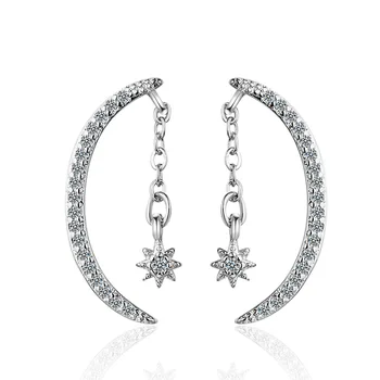925 Sterling Silver Moon Star Stud Auskarai Moterims, Sidabras Maži Auskarai Fine Jewelry