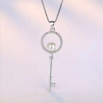 925 Sterlingas Sidabro Naujų Moteris Fine Jewelry Aukštos Kokybės Perlų Kristalų, Cirkonio Klavišą Tuščiaviduriai Pakabukas Karoliai Ilgis 45CM