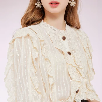 ARTKA 2021 m. Pavasarį Nauja, Moterų Palaidinė Elegantiškas Nėrinių Palace Stiliaus Šifono Marškinėliai Nėrinių Pynimas Žibintų Rankovės baltus Marškinėlius SA28012C