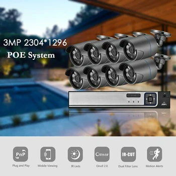 AZISHN H. 265 8CH 3MP POE Saugumo kamerų Sistema, NVR Komplektas, Garso Įrašas, IP Kameros IR Lauko IP66 CCTV Vaizdo Stebėjimo NVR Rinkinys