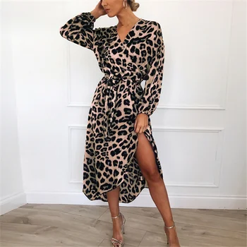Aachoae Leopard Suknelė 2020 M. Moteris Derliaus Long Beach Suknelė Prarasti Long Sleeve V-kaklo-line Seksualus Šalis Suknelė Vestidos de fiesta