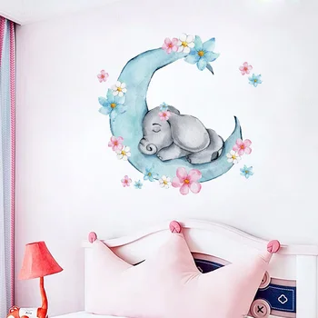 Akvarelė Miega Baby Dramblys Mėnulyje Sienų Lipdukai Su Gėlėmis, Vaikų Kambario, Kūdikių Darželio Kambario Sienų Lipdukai Kambarys PVC