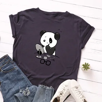 Animacinių filmų Panda Makiažas Spausdinti Vasaros Moterų Marškinėliai Medvilnės, trumpomis Rankovėmis TShirts Negabaritinių Moterų marškinėliai Atsitiktinis Viršūnes Ponios