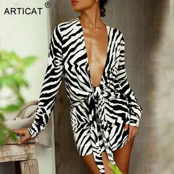 Articat Zebras Spausdinti Tvarstis Marškinėliai Suknelė Moterų V-Kaklo Outwear Moterų Ilgomis Rankovėmis Rudenį Paplūdimio Moterų Atspausdinta Marškinėliai Suknelė