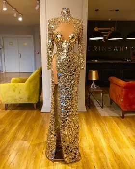 Aukso Seksualus Undinė Prom Dresses 2021 Aukštos Padalinta Blizgučiais Šalis, Chalatai Užsakymą Plius Dydis Prom Chalatai Vestidos De Fiesta