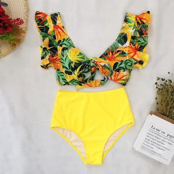Aukštos Juosmens Bikini Moterims Viršuje Pynimas maudymosi Kostiumėliai, 2021 Push Up Bikinis Gėlių Spausdinti Biquini Bandeau Brazilijos Maudymosi Kostiumas NAUJAS