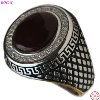 BOCAI S925 sterlingas sidabro vyrų žiedai 2020 naujas mados asmenybės papuošalai inkrustacijos cirkonis juodasis agatas vyrų Tailando sidabro žiedas