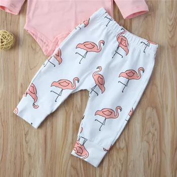 Baby Girl Drabužiai Naujagimiui Rožinė Pynimas ilgomis Rankovėmis Romper Viršūnes Flamingo Spausdinti Kelnes ir Lankelis 3Pcs Bamblys Drabužių Rinkinys