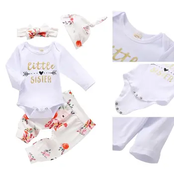 Baby Girl Drabužių Rinkiniai Naujagimių Raukiniai Kietas Romper Bodysuit+Gėlių Kelnės+Lankelis+Hat Komplektai rinkinys roupa bebe 4pcs Rudenį Rinkinys
