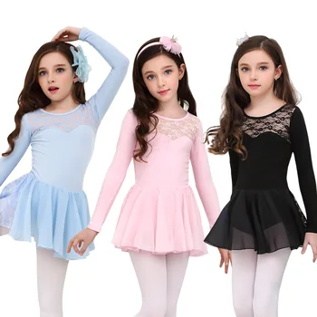 Baleto suknelė šokių leotard suknelė mergaitėms medvilnės ilgomis rankovėmis leotard nėriniais, šifono sijonas ballerina dancewear vaikai tutu suknelė