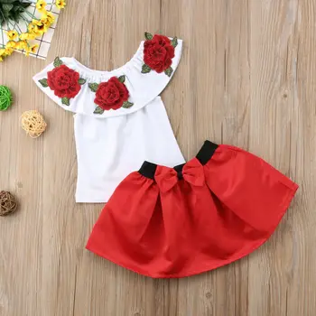 Bamblys Kūdikių Vaikai Mergina Off Peties Gėlių Viršūnės T-shirt + Lankas Mini Sijonai Trumpą Suknelę Drabužių Komplektus Nustatyti nuo 2 iki 7 Metų