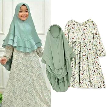 Bamblys Vaikų Mergaičių Suknelė Musulmonišką Hidžabą Islamo Abaja Kaftan+Bown Arabų Maxi Suknelė ilgomis Rankovėmis Suknelė Kūdikių Suknelės 2vnt Nustato 3-7Yrs