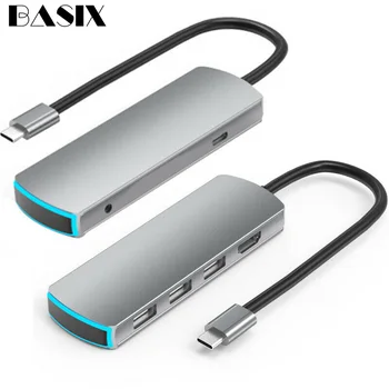 Basix USB C HUB su Multi USB 3.0 HUB HDMI-compatible3.5mm Adapteris Dock for MacBookPro Huawei Mate30 USB-C3.1 Splitter C Tipo STEBULĖS