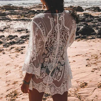 Be-X Siuvinėjimo nėrinių white beach suknelė moterims Seksualus kimono ilgomis rankovėmis maudymosi kostiumėlį, padengti ups Paplūdimio drabužiai Kaftan Vasaros padengti iki ponios