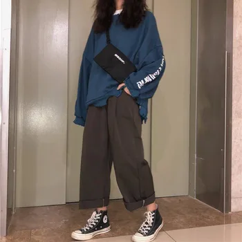 Blac Aukštos Juosmens, Palaidi Kelnės Streetwear Moterų Atsitiktinis Kelnės Lasdies Kratinys Pieštuku Sweatpants Kietas, Rudens Apačioje Korėjos Kelnės