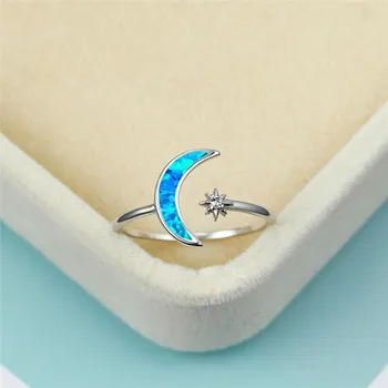 Boho Moterų Blue White Opal Akmens Žiedas, Žavesio Sidabro Spalvos Vestuvių Žiedai Moterys Mielos Nuotakos Moon Star Vestuvinis Žiedas