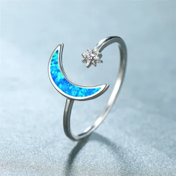 Boho Moterų Blue White Opal Akmens Žiedas, Žavesio Sidabro Spalvos Vestuvių Žiedai Moterys Mielos Nuotakos Moon Star Vestuvinis Žiedas