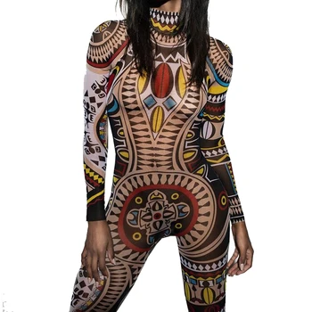 Burning Man Festivalis Bodysuit Moterų Genčių Tatuiruotė Spausdinti Akių Jumpsuit Kreivi Afrikos Actekų Bodysuit Įžymybė Catsuit
