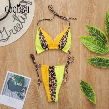 COOBBU Leopard Kratinys Bikini 2021 Sexy Thong Swimsuit Moterys String maudymosi Kostiumėliai, Push Up Maudymosi Kostiumą, Brazilijos Plaukti Bikini Komplektas