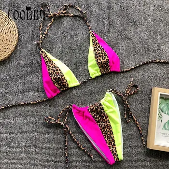 COOBBU Leopard Kratinys Bikini 2021 Sexy Thong Swimsuit Moterys String maudymosi Kostiumėliai, Push Up Maudymosi Kostiumą, Brazilijos Plaukti Bikini Komplektas