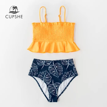 CUPSHE Smocked Orange Monstera Aukšto Juosmens Bikini Rinkiniai Moteris Seksuali Bakas maudymosi kostiumėlį Dviejų dalių maudymosi Kostiumėliai, 2021 Maudymosi Kostiumą Paplūdimio