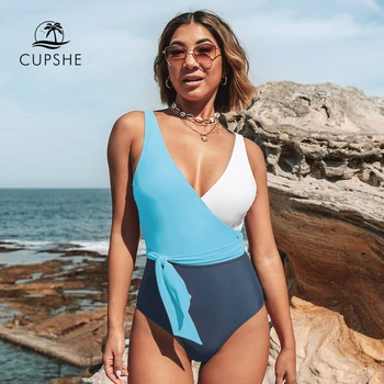 CUPSHE Violetinė Balta Colorblock vientisas maudymosi kostiumas Seksualus V-Kaklo Lankas-Mazgas Moterų Monokini 2021 Merginų Paplūdimio Maudymosi Kostiumai, maudymosi Kostiumėliai,