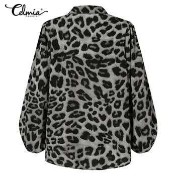 Celmia moteriškos Palaidinės 2021 Mados Žibintų Rankovės Elegantiškas Biuras Marškinėliai Atsitiktinis Atvartas Prarasti Leopardas Spausdinti Tunika Viršuje Šalies Blusas