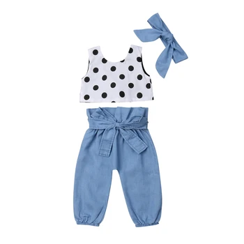 Citgeett Bamblys Vaikams Baby Girl Dot Vest Viršūnes Mėlynos Kelnės, Antblauzdžiai Lankelis Apranga Vasaros Sunsuit Nustatyti 1-6Y