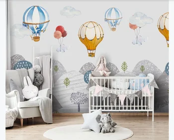 Custom foto tapetai, freskos modernus minimalistinio rankomis dažyti vaikų kambarį, karšto oro balionas kalno viršūnėje miegamasis freskos