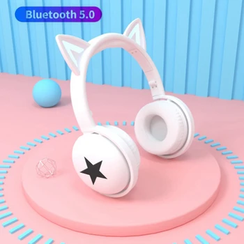 Cute Kačių belaidės ausinės Kontrolė 10 spalvos LED su mikrofonu Mergina Muzikos Stereo Šalmas 