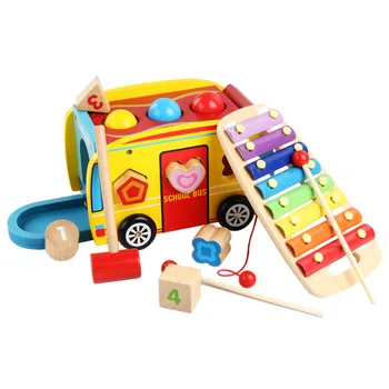 Daugiafunkcinis Drawable Mokyklos Autobusas modelio blokai Kselofonu beldžiasi Kamuolys Žaidimas Kūdikių Medines Automobilių Blokuoti Žaislai Montessori