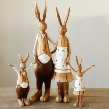 Derva šeimos triušių figūrėlės derliaus statula triušių vestuvės namų dekoro amatų kambarį apdailos objektus dervos gyvūnų figūrėlės