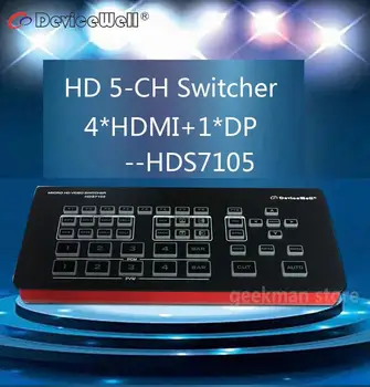 DeviceWell HDS7105 Video Switcher 4 HDMI Kabelis-Suderinama +1DP įėjimai HD/SD, Mini 5Channel Žiniasklaidos tiesiogines Transliacijas 