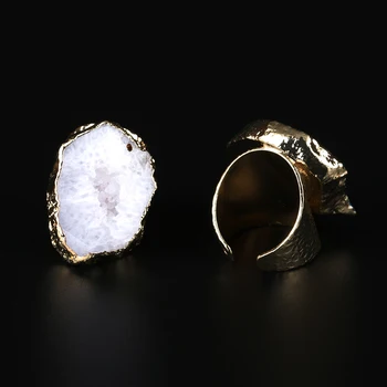 Didelis aukso poliruoti cloundy šviesiai pilka balta geode krištolo akmens gabalas granulių žavesio reguliuoti atidaryti kalti žiedas manžetai moters, vyro