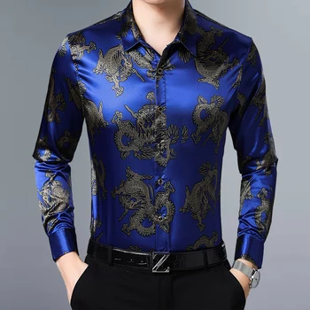 Dragon Spausdinti Mens Satino Marškinėliai Royal Blue Vyrų Ilgas Rankovėmis Marškinėliai Dragon Atspausdinta Marškinėliai Mens Kinų Stiliaus Drabužių Socialinės