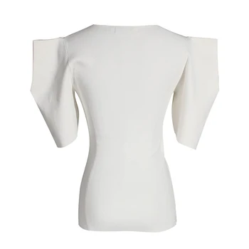 [EAM] Moterys Juoda Balta Mezgimo Aukštos Elasitc T-shirt Naujas Apvalios Kaklo Pusę Sluoksniuotos Rankovėmis Mados Banga Pavasario Vasaros 2021 1W568