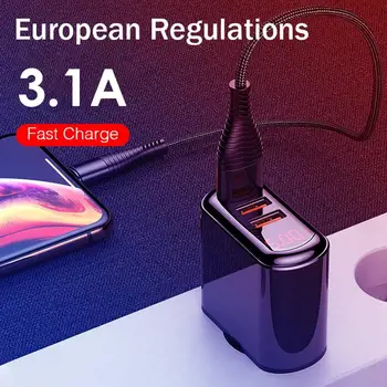ES Plug Skaitmeninis Ekranas 3.1 Greito Įkrovimo 3 USB Sieninis Įkroviklis Sienos Maitinimo Adapteris Įkroviklis