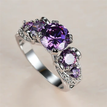 Elegantiška Moteriška Violetinė Crystal Akmens Žiedas Senovinių Sidabro Spalvos Vestuvių Žiedai, Moterų, Prabangos Nuotaka Turas Cirkonis Vestuvinis Žiedas