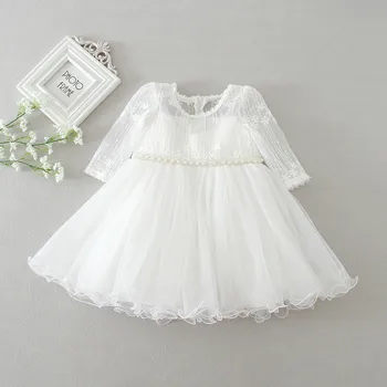 Elegantiškas Kūdikių Mergaičių Suknelė Balta O-kaklo, ilgomis Rankovėmis Akių Princesė Dress Medvilnės partijų Vestuvių Cute Baby Girl Drabužiai