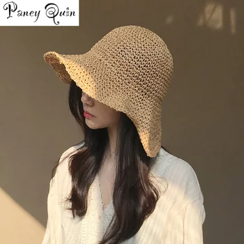 Elegantiškas Vasaros Moterų Skrybėlės Išardomi Sun Beach Panama Šiaudų skrybėlę Platus Banga Kraštų Sulankstyti Lauko Skrybėlę Laisvalaikio Atostogų Rafija Bžūp